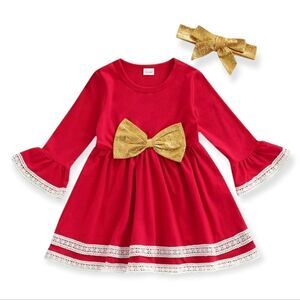 NWT Lace Trim Toddler Girls Christmas Flare Long Sleeve Dress w/ Gold Bow Set